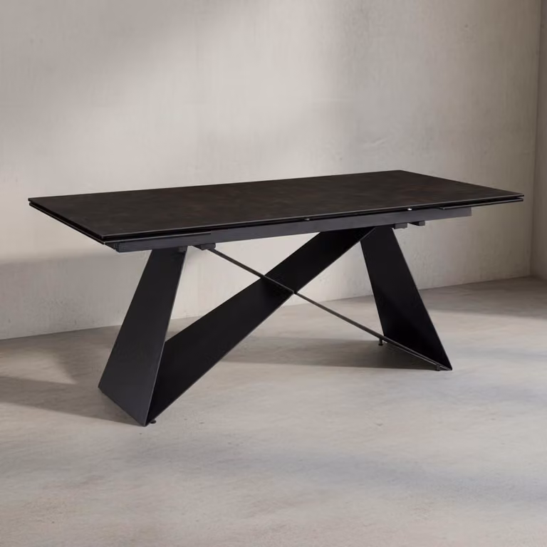 Tavolo da pranzo 180 - 260 cm allungabile in Vetroceramica e vetro nero, tavolo grande in Vetroceramica, tavolo da cucina di design rettangolare, tavolo da pranzo stravagante con gambe in metallo