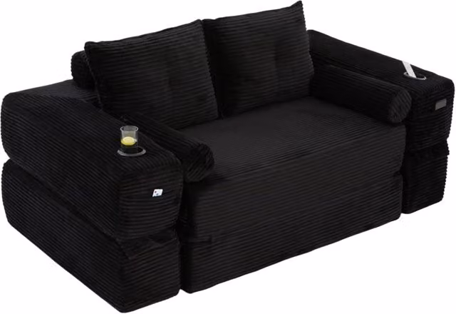 Divano letto pieghevole 180x198 cm in velluto a coste nero con portabicchieri
