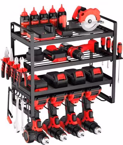 Scaffale per utensili elettrici da parete VEVOR nero con 4 supporti per trapano e portaoggetti per garage e officina