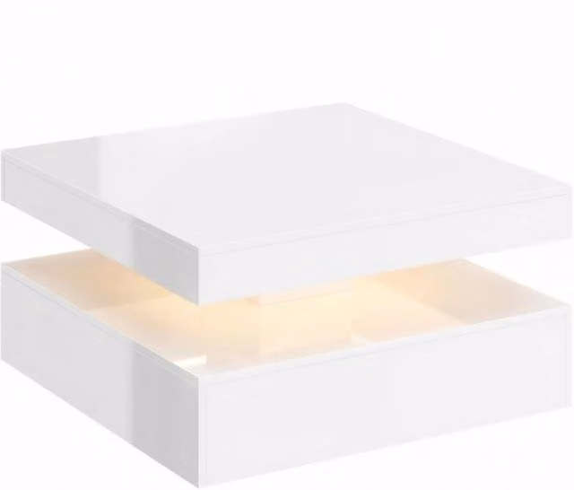 Tavolino da caff¨¨ a LED con contenitore, tavolo moderno a 2 livelli con ripiano a giorno e telecomando, bianco lucido