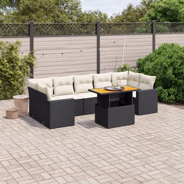 Set di divani da giardino a L vidaXL in polyrattan nero con 8 cuscini e tavolino da esterno