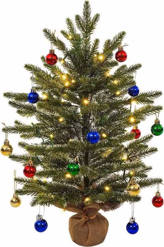 Mini albero di Natale artificiale, 60 cm, con 50 luci a LED e 18 palline decorative su una base in juta