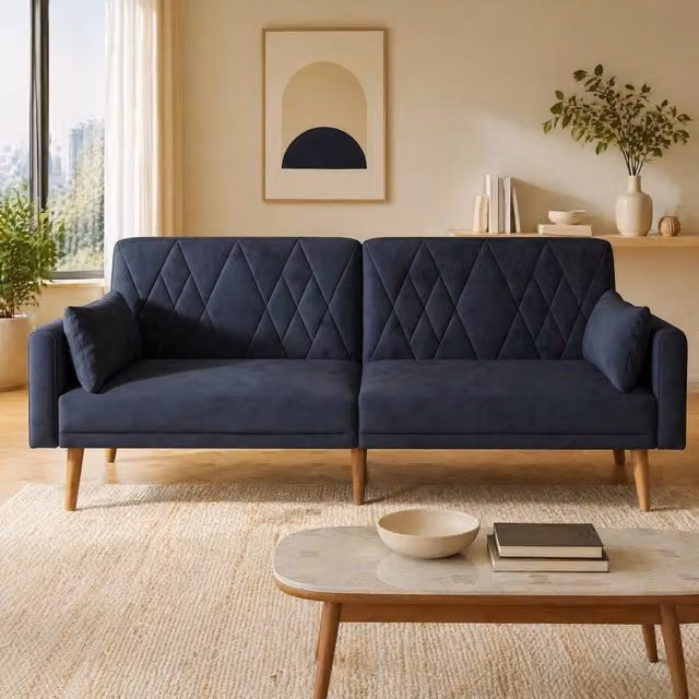 Divano letto MIVRAY a 2 posti in velluto nero con schienali regolabili, braccioli e 2 cuscini imbottiti, L: 180 cm, P: 82 cm, H: 75 cm