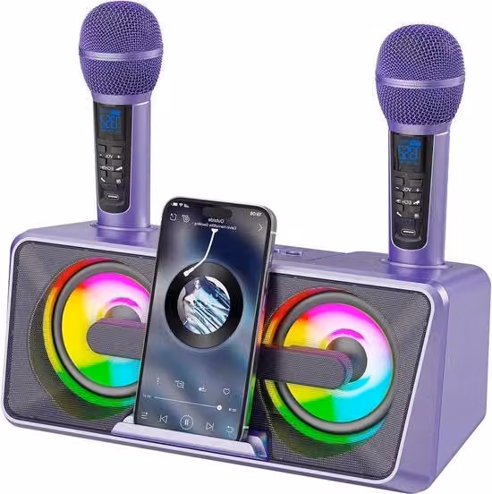 Macchina karaoke con 2 microfoni a radiofrequenza - Altoparlanti Bluetooth - Sistema PA con luci da discoteca - Supporto per telefono per feste e picnic