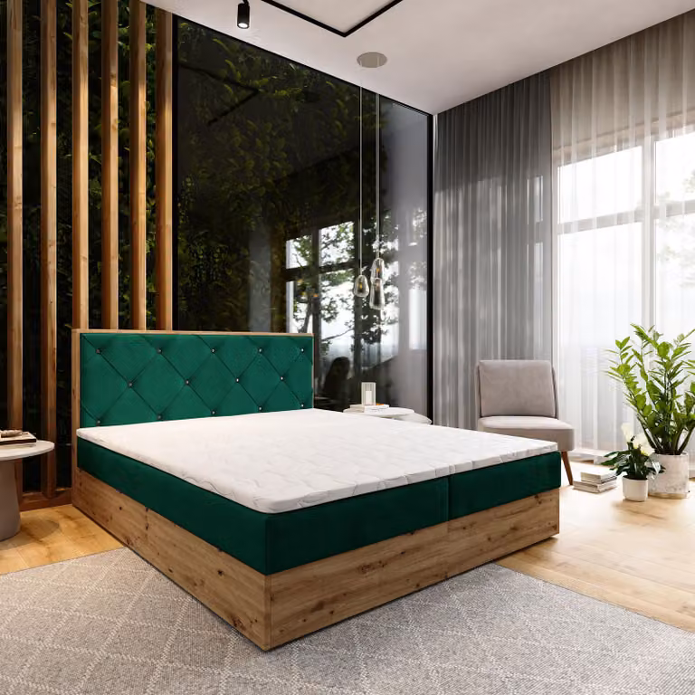 Letto a molle Masseno FOSCO 160x200 cm completo di materasso e topper Bonell, letto imbottito con cassettiera -Verde, KRONOS 19