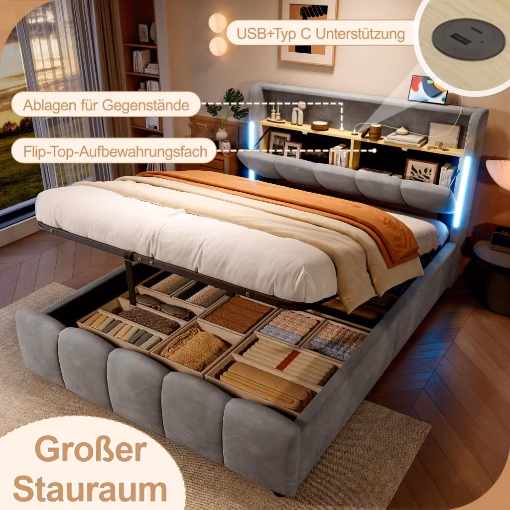 Letto Contenitore REDOM in Velluto Grigio con LED e Porte USB/Type-C L/P: 140 x 200 cm – 2