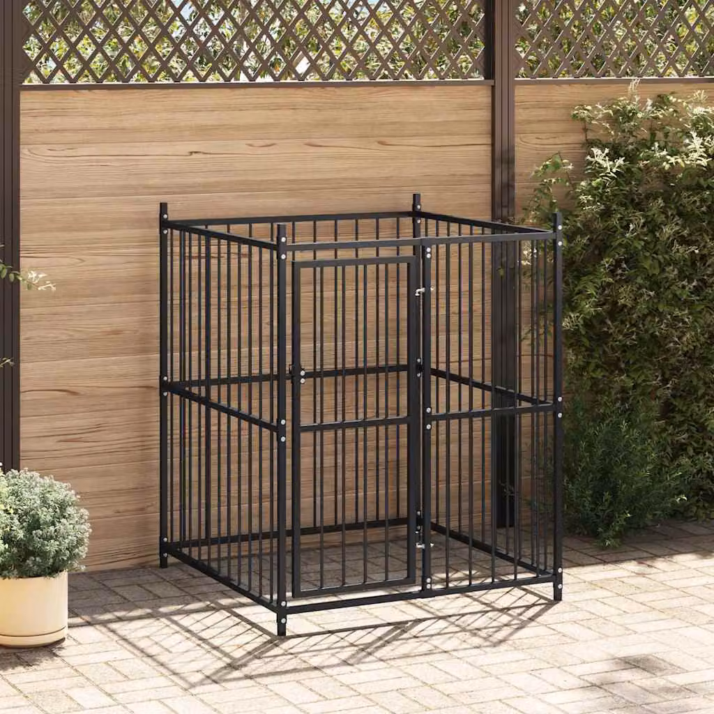 Canile da esterno vidaXL in metallo nero, resistente alle intemperie, L 120 x P 120 x H 150 cm