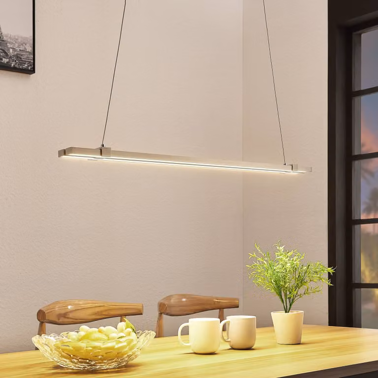 Lampada a sospensione LED Tymon, stretta, estensibile Tymon Lucande, dimmerabile, Alluminio / Grigio / Zincato, Soggiorno / Sala da pranzo, Metallo, Moderno