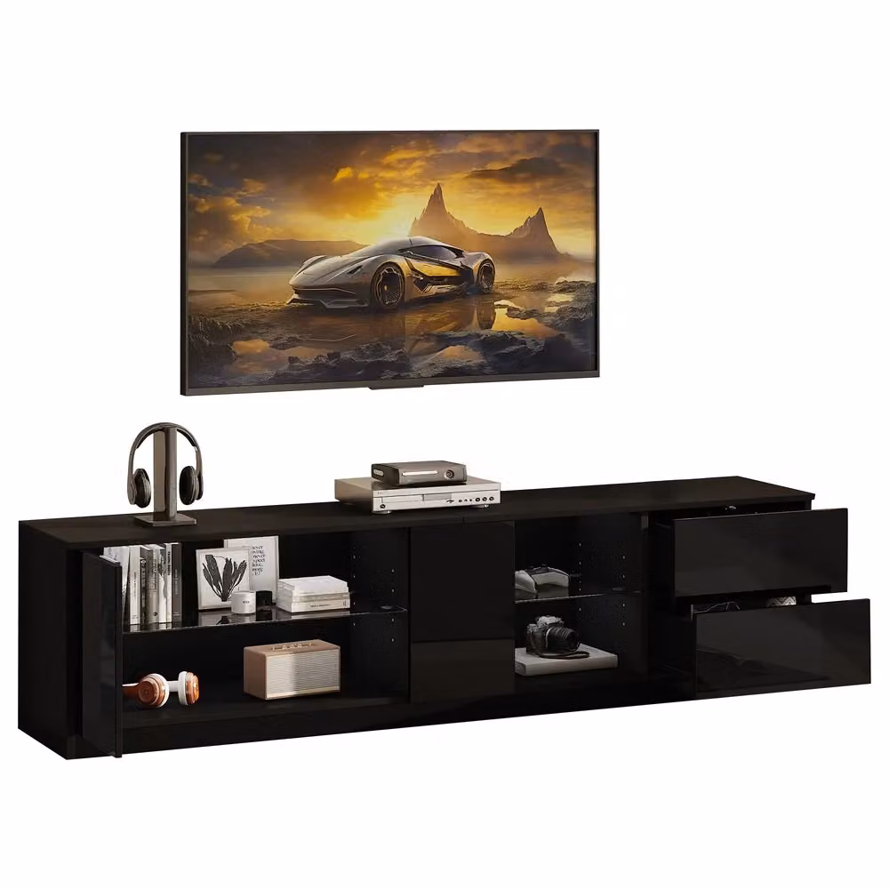 Mobile TV Minimal con Luci LED integrate Nero lucido, L 160 cm x P 40 cm x H 52 cm – 2