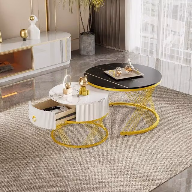 Tavolino da Caff¨¨ Set 2 pezzi ¨C Xylo ¨C Effetto Marmo, Decoro Oro, Cassetti