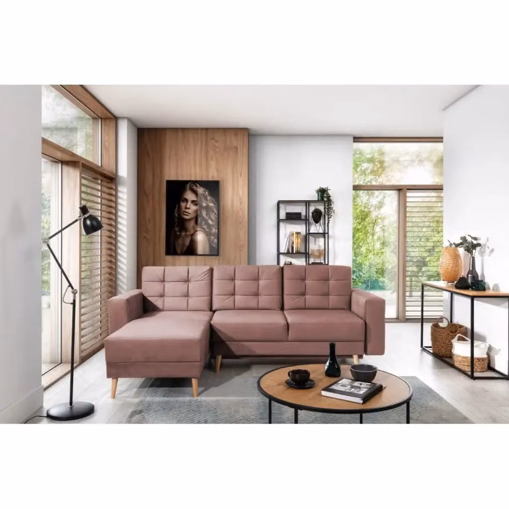 Divano ad angolo convertibile MEUBLORAMA HASGARD rosa a 3 posti con funzione letto, reversibile e vano contenitore, L/P/H: 248 x 162 cm – 2