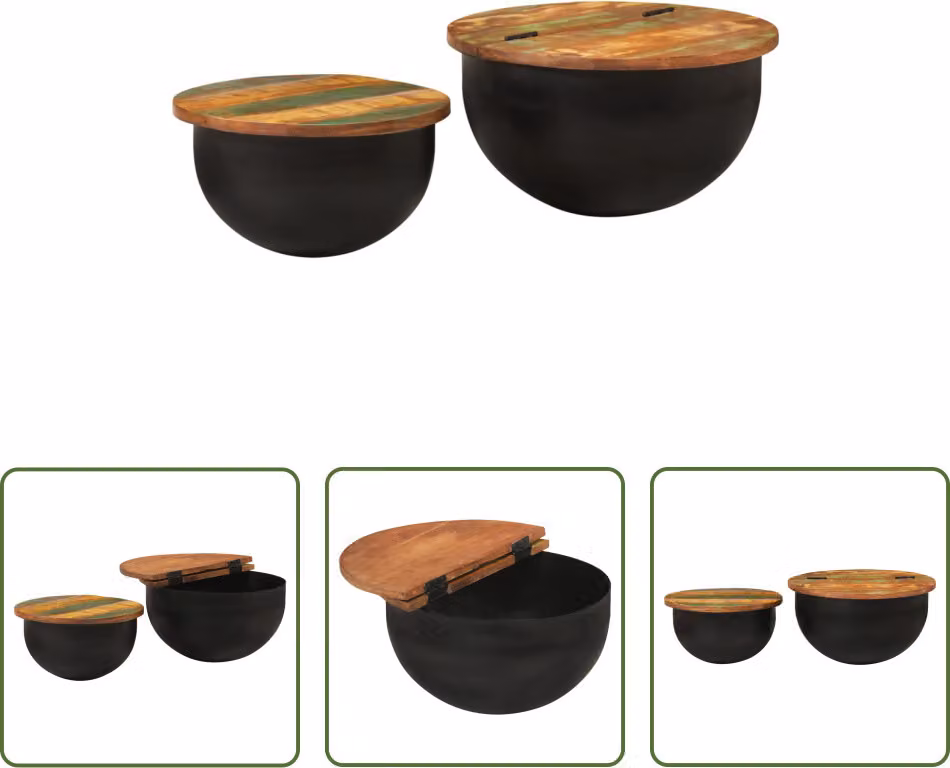The Living Store Set di 2 tavolini da caffè nero in legno massiccio antico