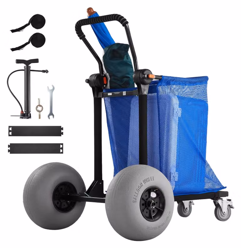 Carrello da spiaggia pieghevole – Carrello multiuso/carrello per la spiaggia – Pneumatici gonfiabili da 30,5 cm – Maniglia regolabile a 180° – Telaio in alluminio – Include pompa – Capacità di carico: 75 kg
