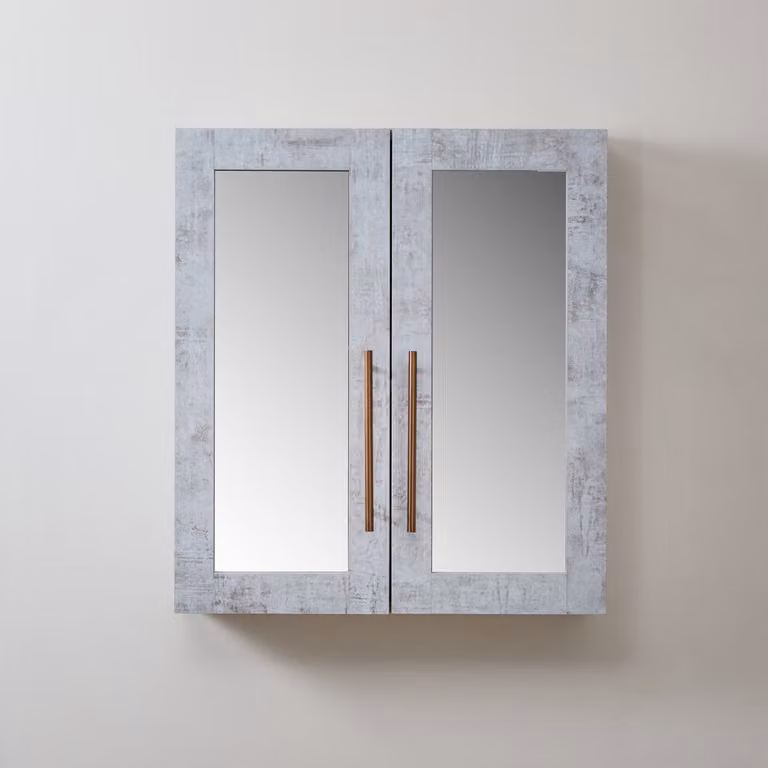 Mobiletto a Specchio da 900mm x 650mm Grigio Cemento - Completo di Maniglie Moderne a Barra in Rame Satinato - Cluo