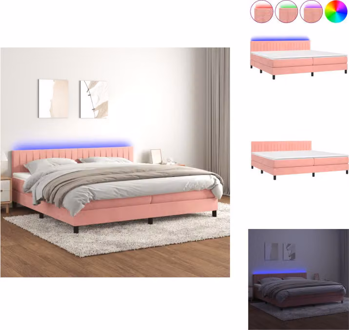 vidaXL Letto a molle con materasso e LED in velluto rosa 200x200 cm - Letti e strutture letto