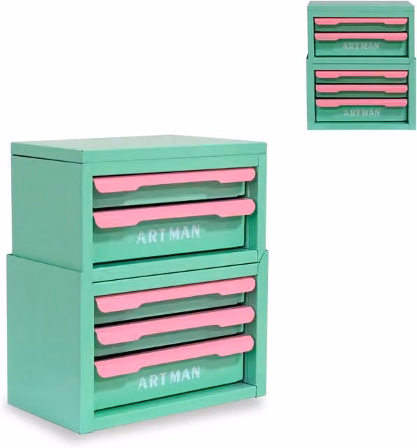Organizzatore da scrivania multi-compartimento con cassetto in metallo e plastica, disponibile in verde o rosa