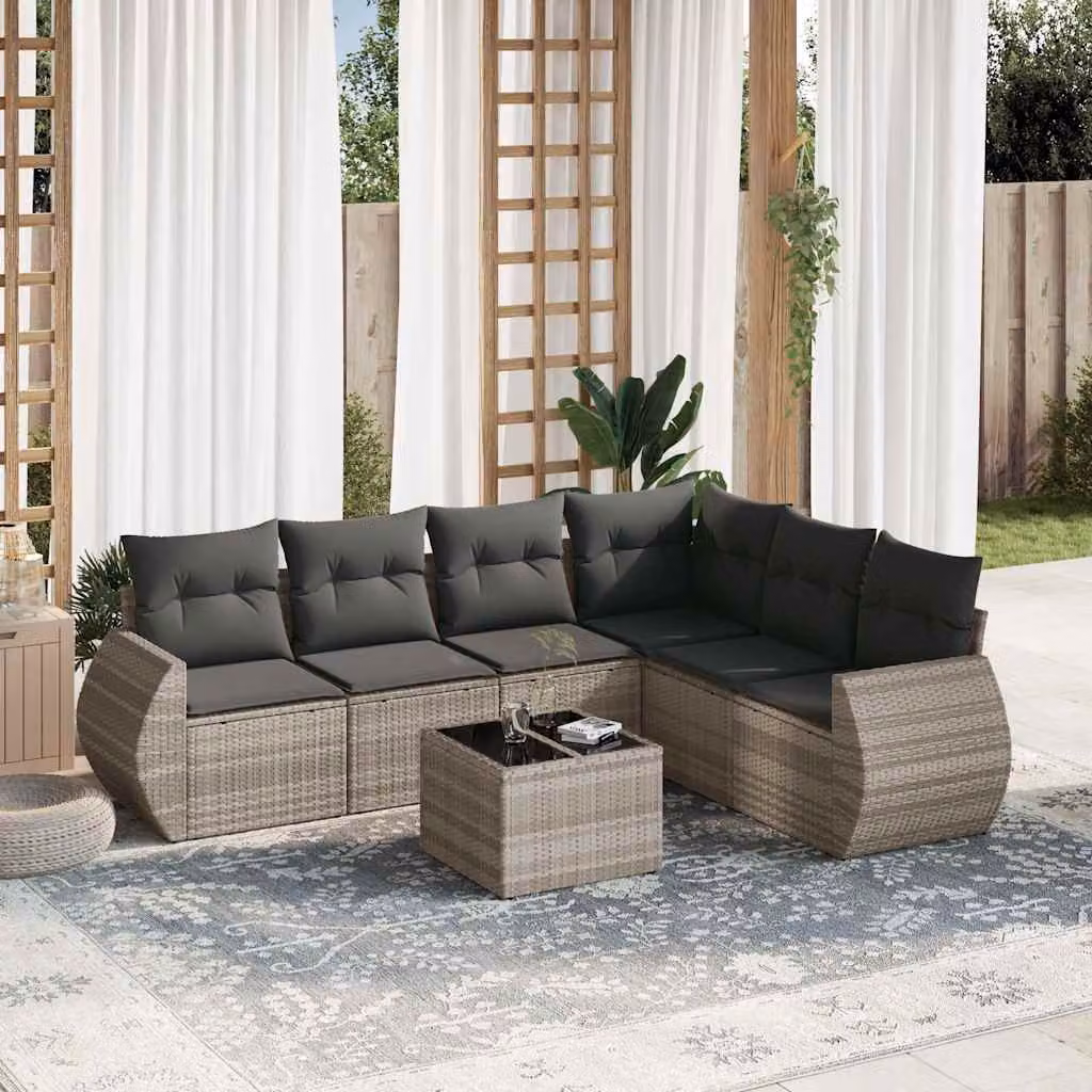 Set di divani da giardino vidaXL in polyrattan grigio con cuscini, tavolino e poltrone lounge a forma di L – 1