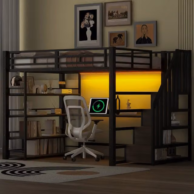 Letto a castello in metallo 140x200 cm con scala, scrivania integrata, vani contenitore, ricarica USB e luce LED, Nero