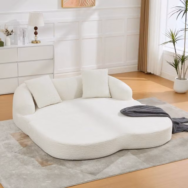 Divano letto pieghevole a 2 posti REDOM in tessuto chenille beige e bianco, stile moderno, L: 157 cm, P: 84 cm, H: 65 cm