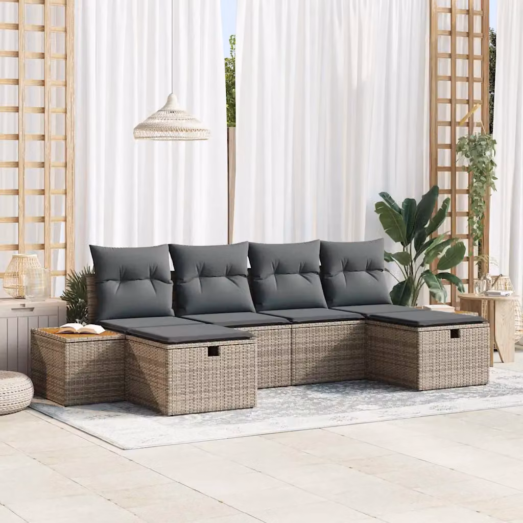 Set Divano da Giardino a L vidaXL in Polyrattan Grigio con Cuscini e Ottoman, 6 Pezzi – 1