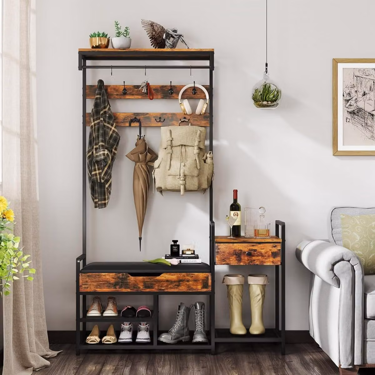 Appendiabiti da terra Costway in stile industriale con panchina e scaffale per scarpe, colore Marrone Rustico, Altezza: 178 cm