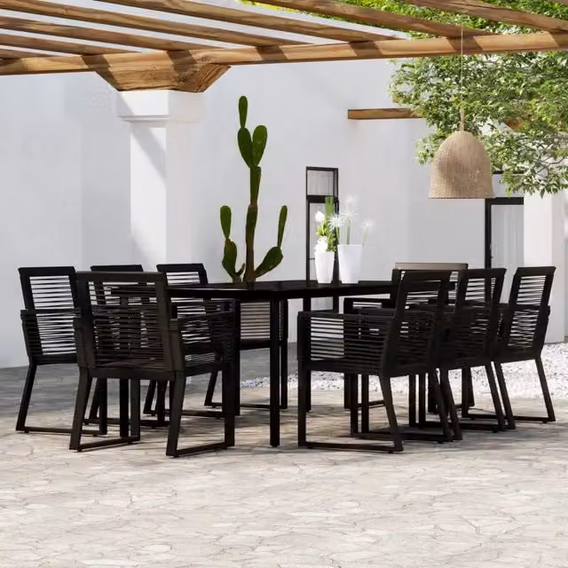 Set da pranzo da giardino vidaXL in metallo e vetro nero con 9 pezzi e cuscini – 1