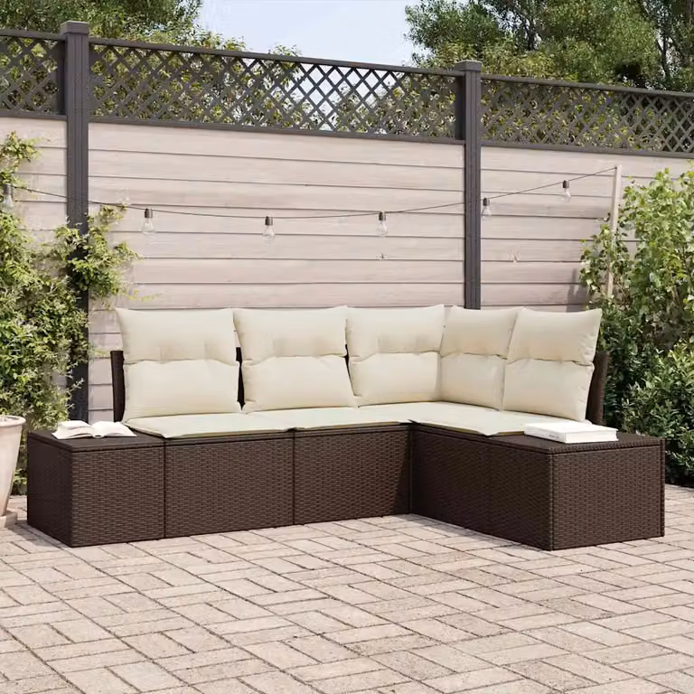 Set Divano da Giardino vidaXL 4 Pezzi a Forma di L in Polyrattan Marrone e Beige con Cuscini Imbottiti e Rivestimenti Rimovibili