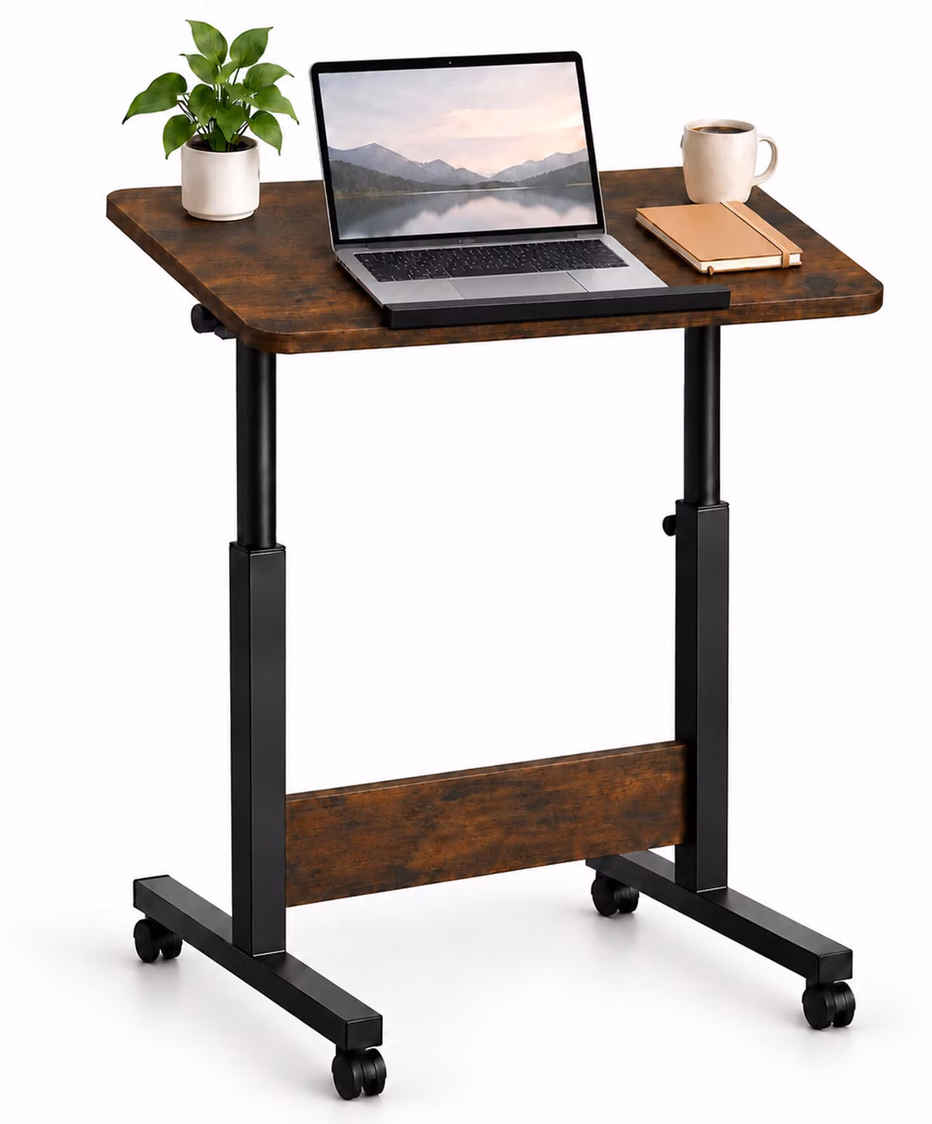 Tavolino regolabile in altezza per laptop, Relaxdays, da 67 a 90 cm, inclinabile, con rotelle, a forma di "C", ideale per divano, poltrona e letto, colore nero/marrone