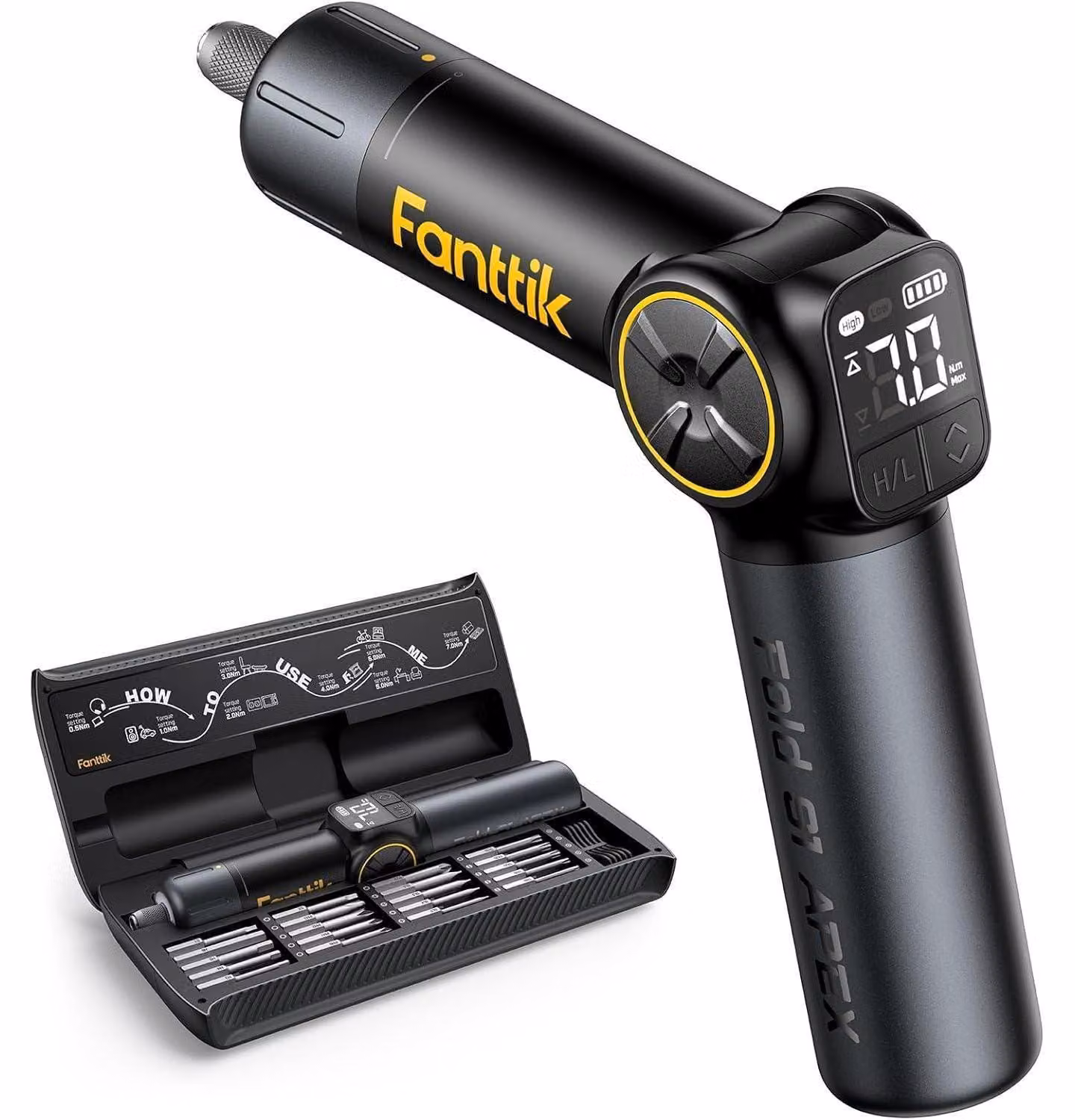 Avvitatore a batteria elettrico, 3,7V, 7Nm, attacco esagonale da 1/4 di pollice, 2 velocità, batteria da 2500mAh, ricarica tramite USB-C, maniglia pieghevole, 4 angolazioni
