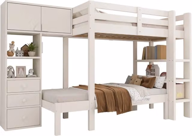 Letto a castello sfalsato 90x200 cm bianco con armadio, scaffali, cassetti e luce notturna a sensore