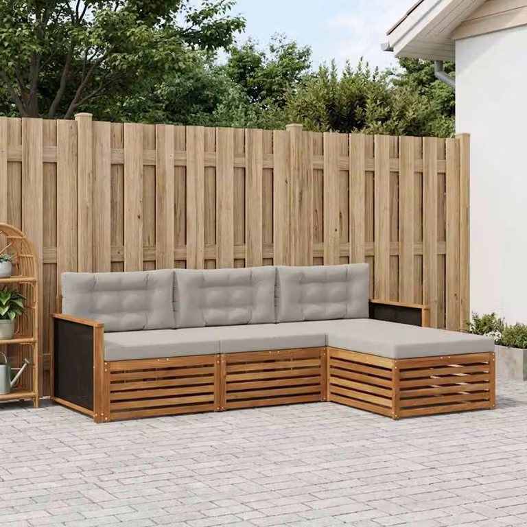 Set di divani da esterno vidaXL a forma di L in legno di acacia con cuscini beige e grigio