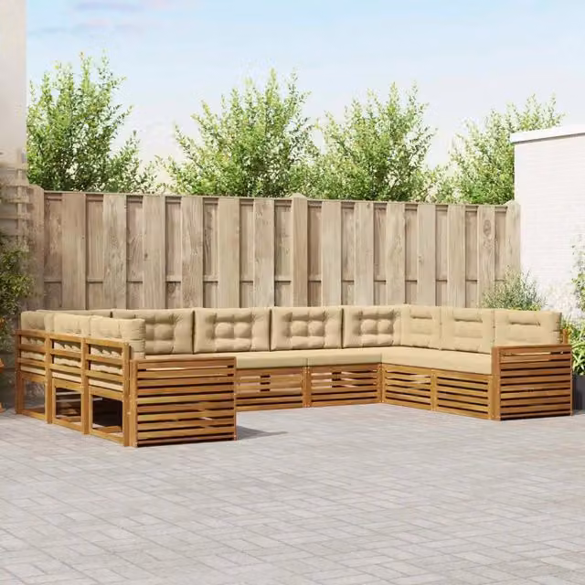 Set di divani da esterno a L vidaXL in legno di acacia con cuscini beige e naturale, 9 pezzi – 1