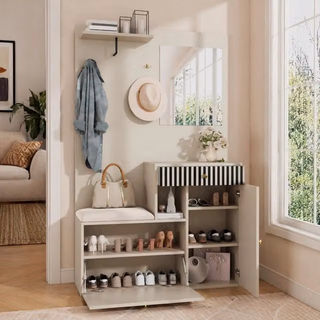 Armadio ingresso REDOM con specchio e seduta imbottita beige L: 110 cm, H: 185,5 cm, P: 37 cm