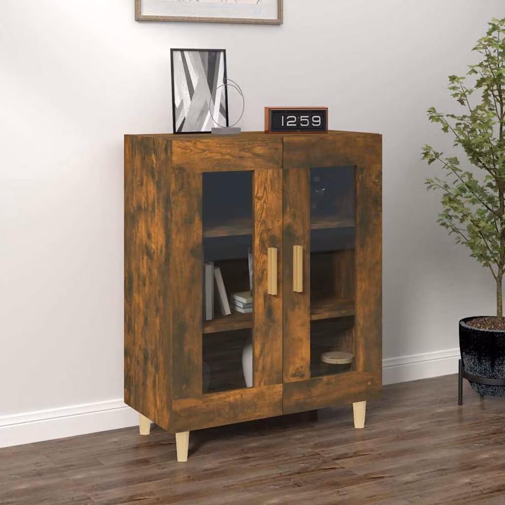 Credenza vidaXL in legno multistrato color rovere fumo con dettagli in vetro, stile minimalista, L: 69,5 cm, P: 34 cm, H: 90 cm