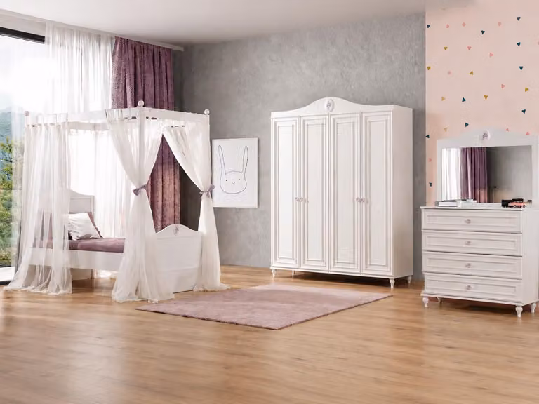 Letto a baldacchino, armadio, cassettiera, specchio, bianco, legno, tessuto