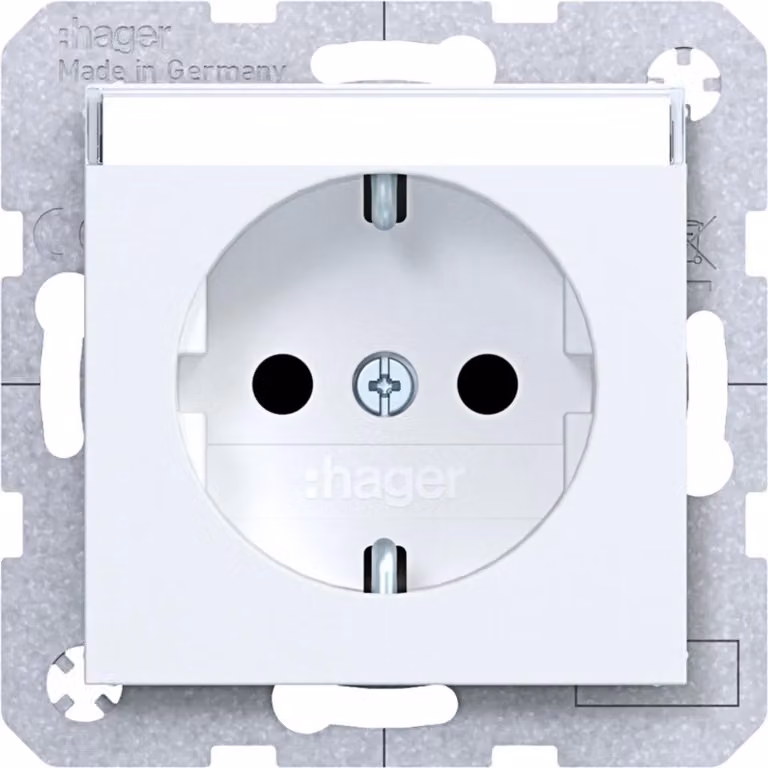 Prese SCHUKO Hager con campo per etichettatura e protezione antiscottatura, colore bianco opaco, confezione da 10 pezzi.