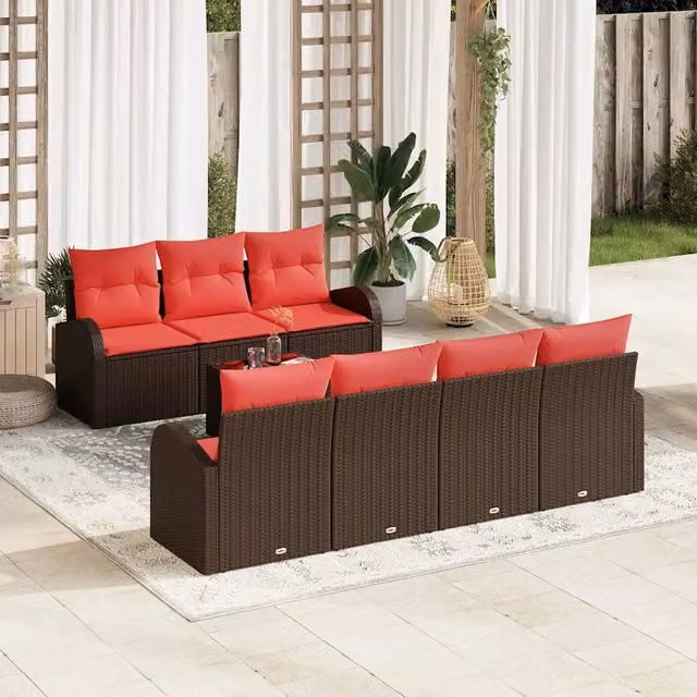 Set di divani 8 pz 7-Numero di posti Marrone e Rosso Poliestere 3345954