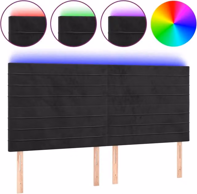 Testiera con illuminazione LED e porta di ricarica USB in velluto nero, L: 200 cm, P: 5 cm, H: 118/128 cm