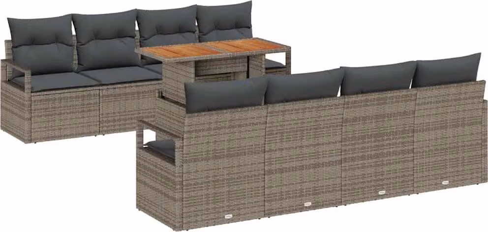Set Divano da Giardino 9 pcs Grigio Poly Rattan