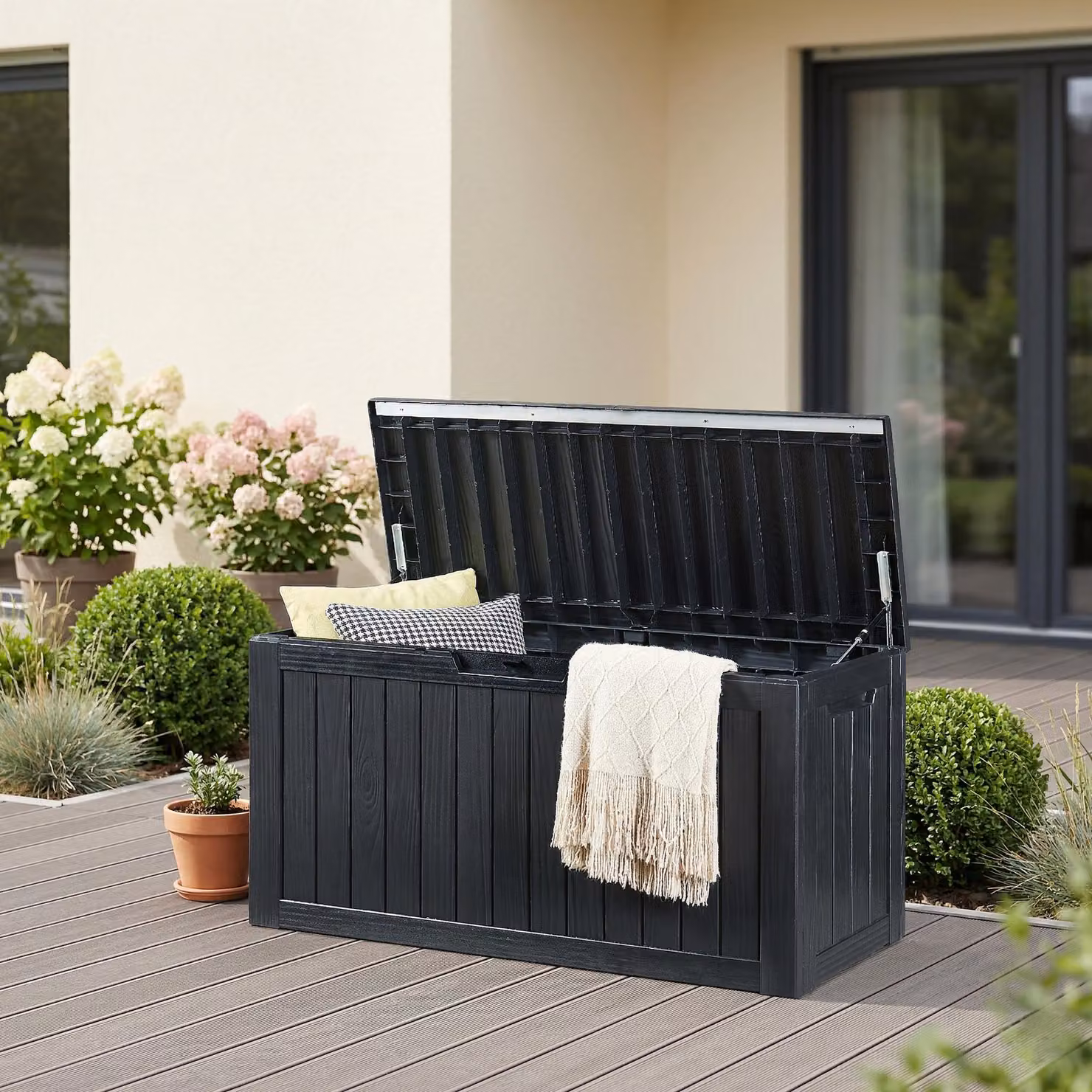 Contenitore da esterno "Vades" 117 x 47 x 59 cm, 300 L, con serratura, nero, effetto legno