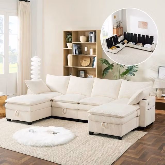 Divano Angolare Modulare MINIMAL con Poggiapiedi e Contenitore in Tessuto a Coste Beige