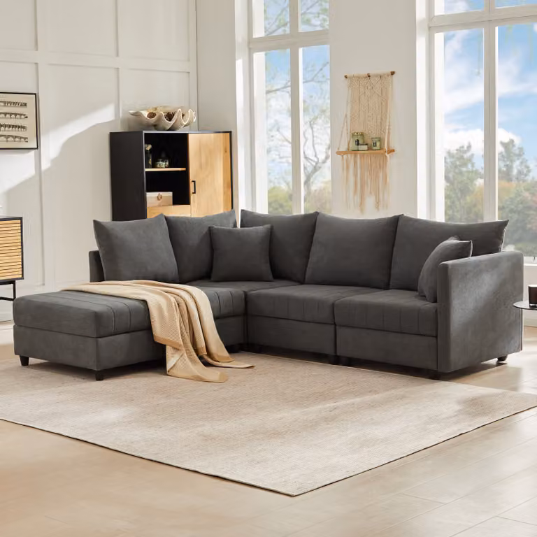 Divano angolare Merax 5 posti, divano letto con pouf trasformabile 1 pezzo, divano componibile a L/divano imbottito in cotone lino, grigio