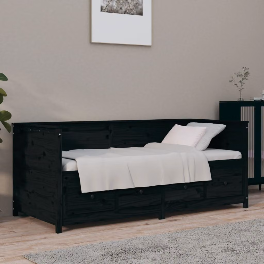 The Living Store Letto da giorno nero 90x190 cm in legno di pino massiccio