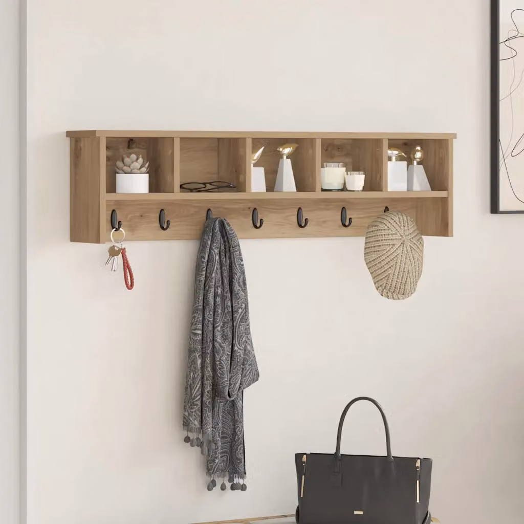 Appendiabiti a muro moderno vidaXL in legno marrone con ganci distribuiti L: 100 cm, H: 60 cm, P: 16 cm