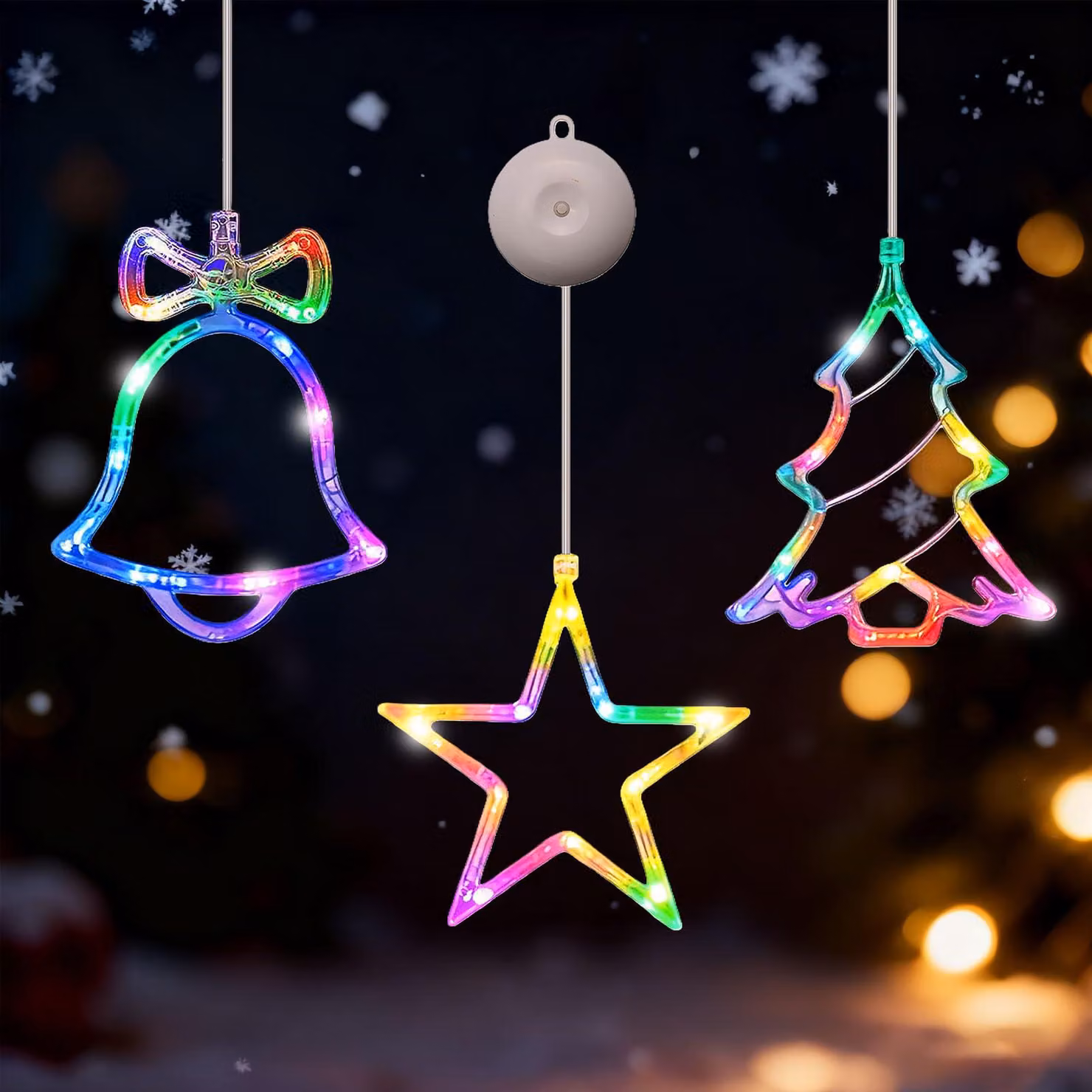 Luci natalizie a LED per finestre, set da 3, con ventose