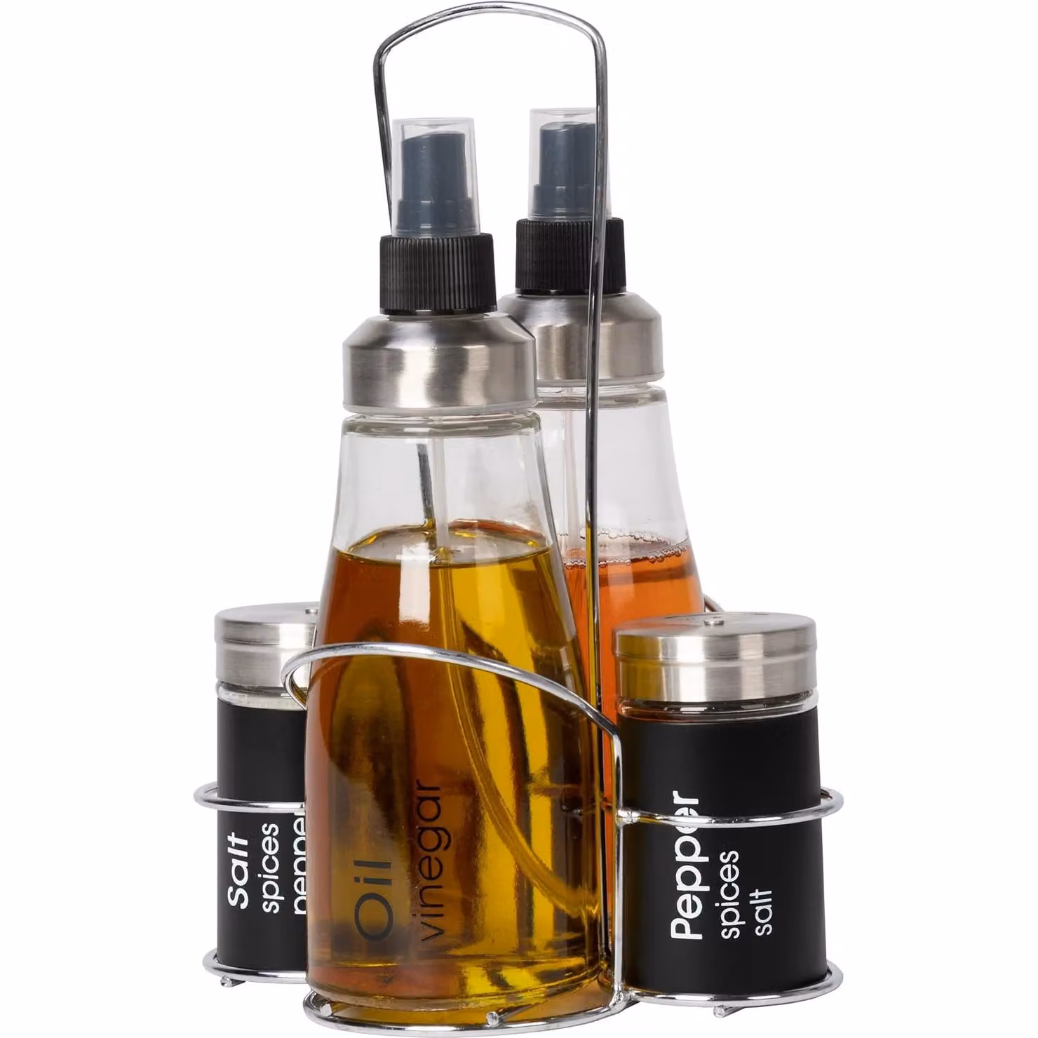 Gusto Casa Set menage per olio e aceto in vetro trasparente con stand in acciaio inossidabile, 4 pezzi