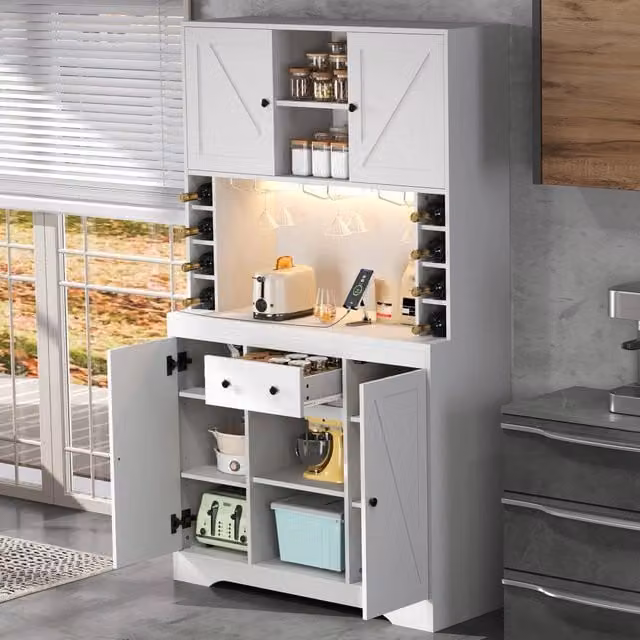 Credenza Mivray bianca con portabottiglie, illuminazione LED e ripiani interni, L/P/H: 105 x 40 x 180 cm