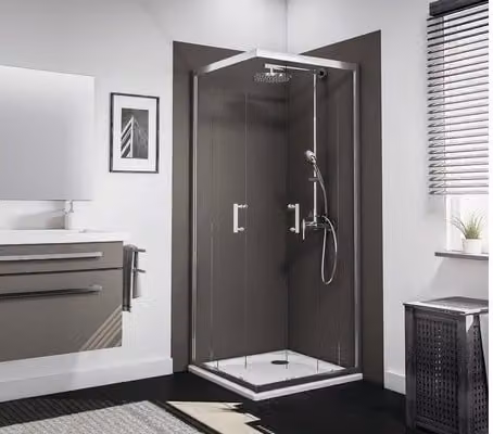 Porta scorrevole d'ingresso ad angolo SCHULTE Sunny ExpressPlus 90 x 90 cm profilo in vetro trasparente colore cromo