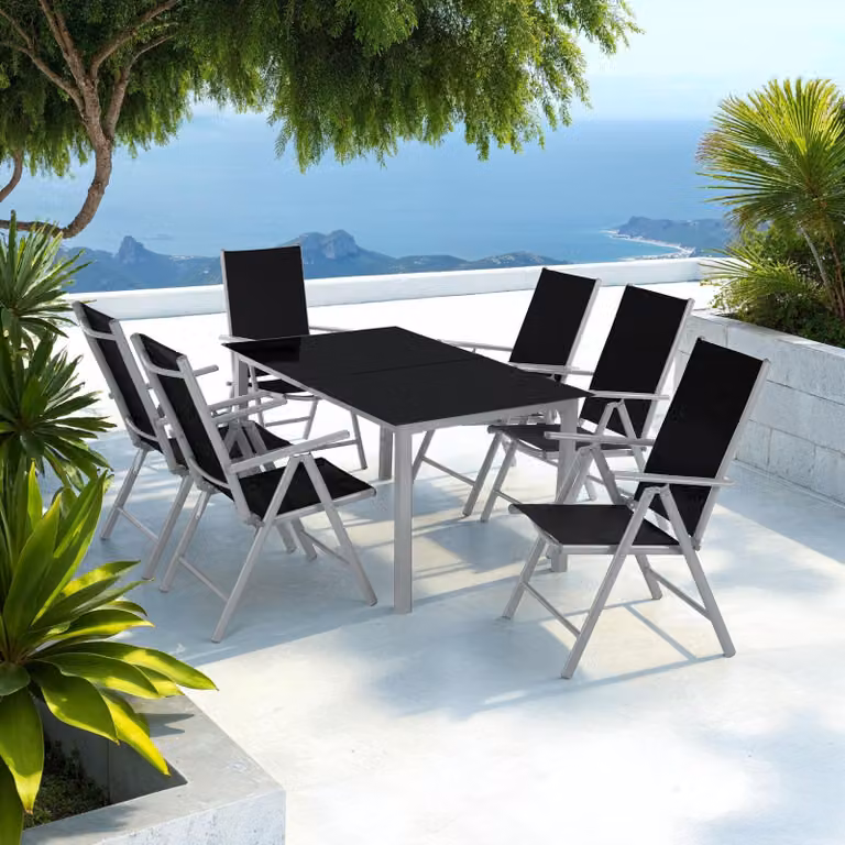 Set da giardino TecTake con tavolo rettangolare in vetro e 7 sedute in alluminio argento e nero