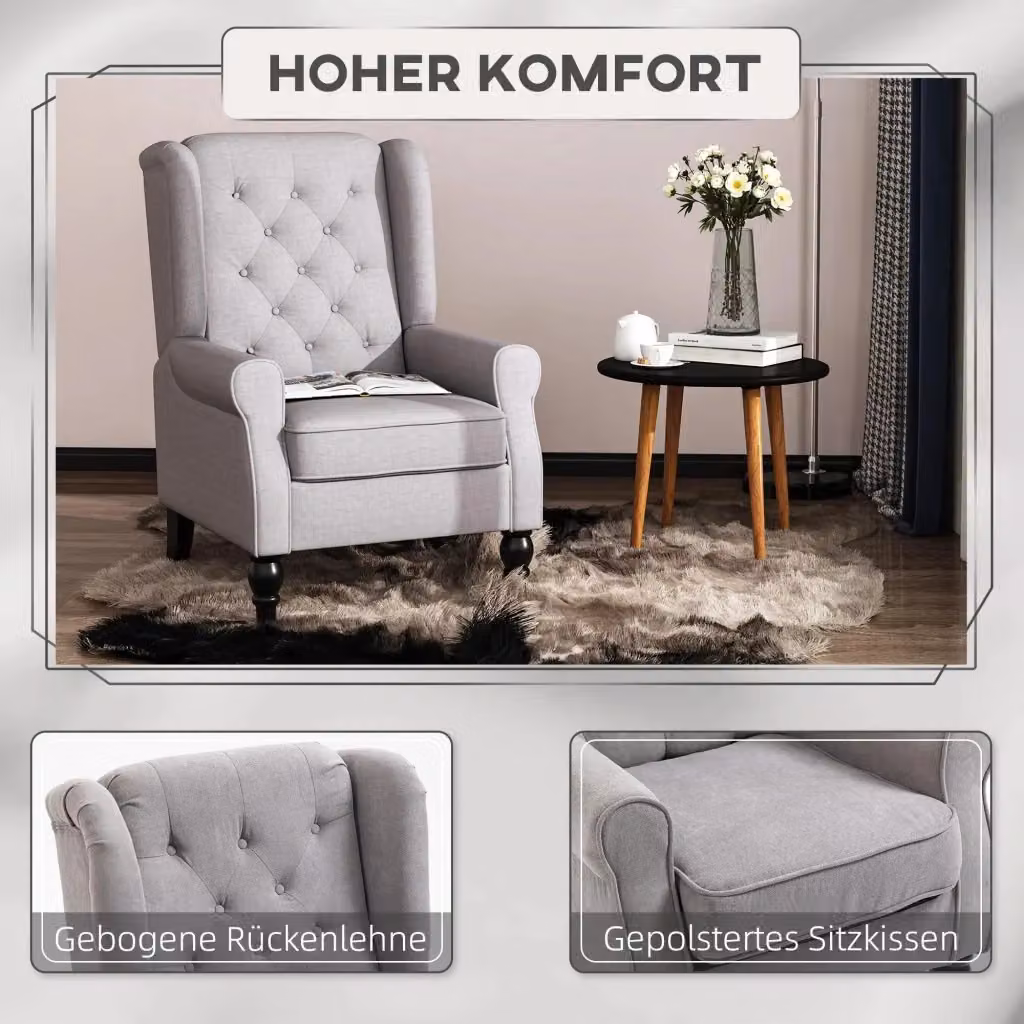 Poltrona REDOM grigia con schienale alto e braccioli, struttura in legno e tessuto, L: 74 cm, P: 86 cm, H: 102 cm – 2